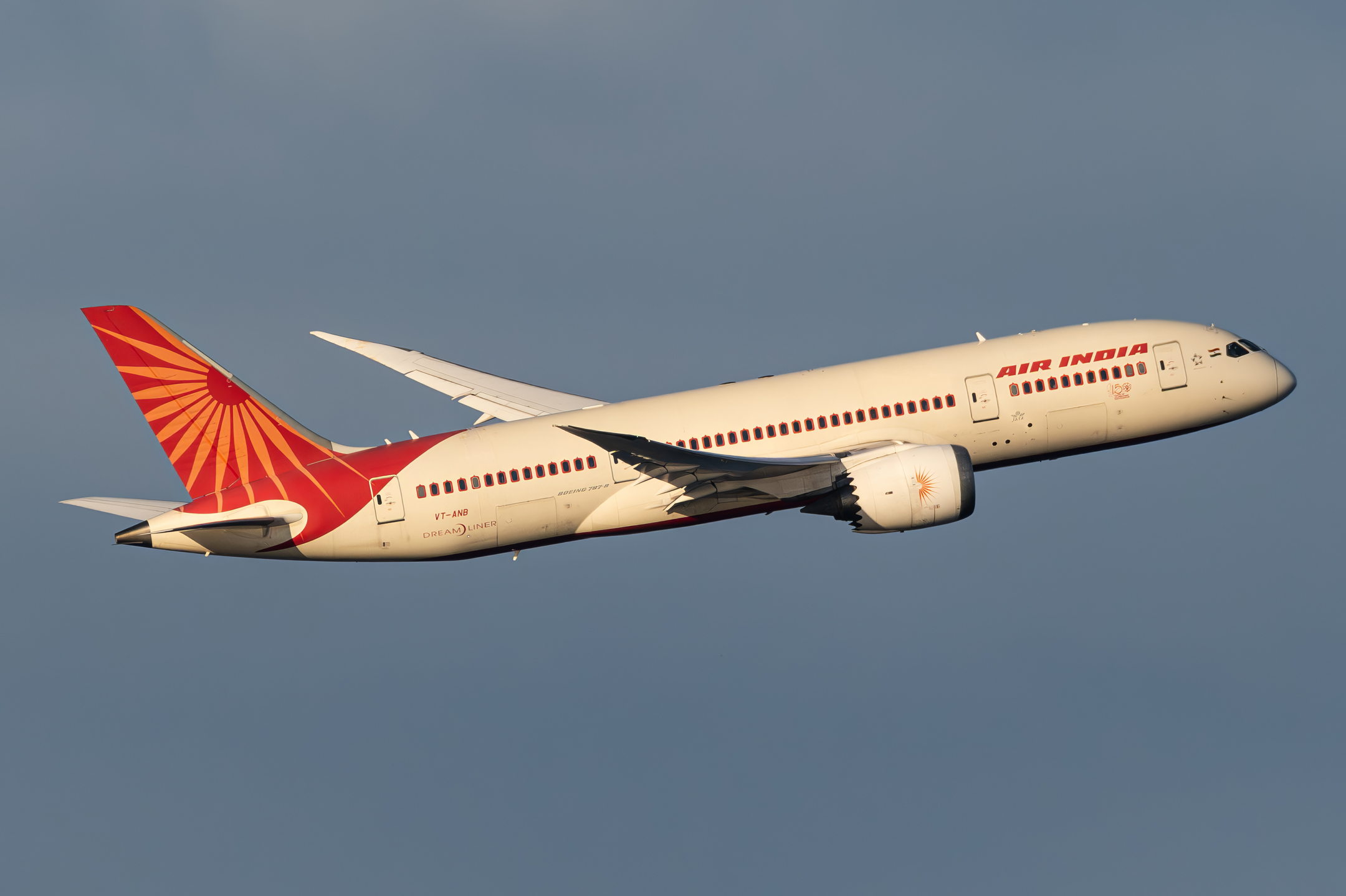 Boeing 787 linii Air India o znakach VT-ANB w locie, na tle szarego nieba, lewą burtą do obiektywu